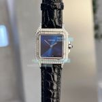 Copy Cartier Panthere De Blue Dial Diamond Case Black Leather Strap Watch